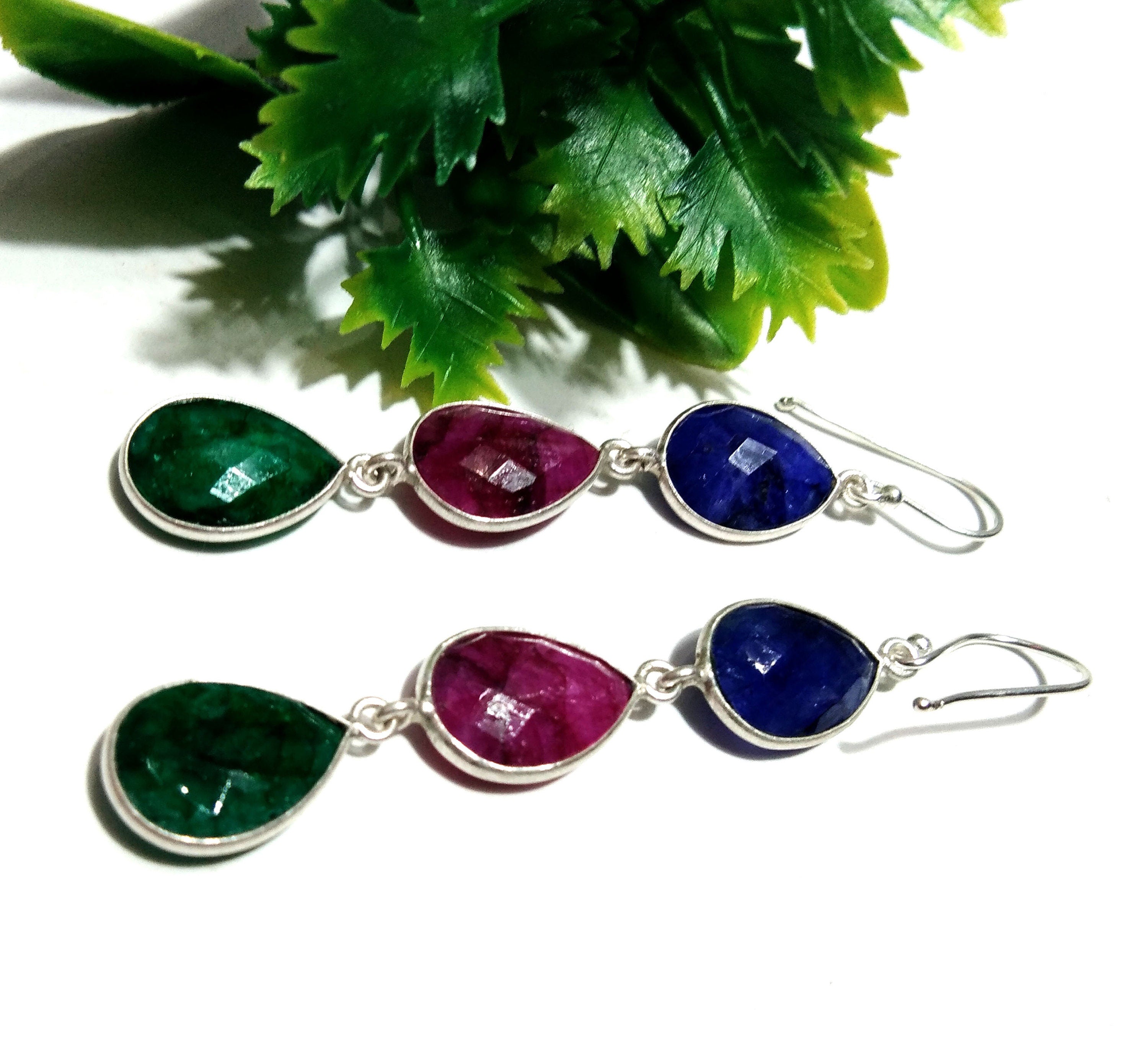 Natural Emerald, Red Ruby, Blue Sapphire Stone Drop Earring, 925 Solid Starling Silver Earring Gemstone, Gift Wedding Earring Jewelry